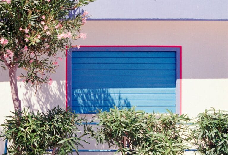 Blue shuttered window with pink flowering tree